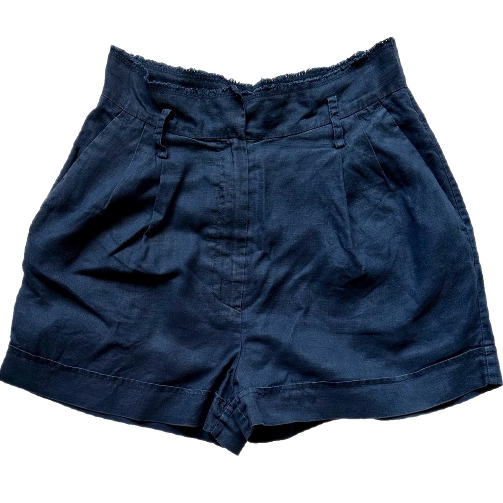 Mango Linen Cotton Blend Blue Shorts Paper Bag High Rise Pleated Size S
